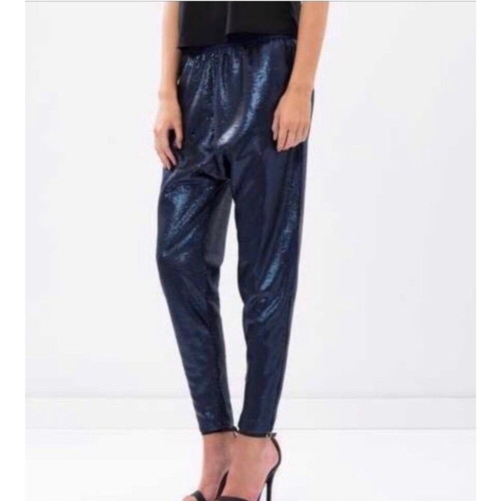 Finders Keepers Women’s Take A Walk Pant Ankle Zip Navy Blue Sequined Small